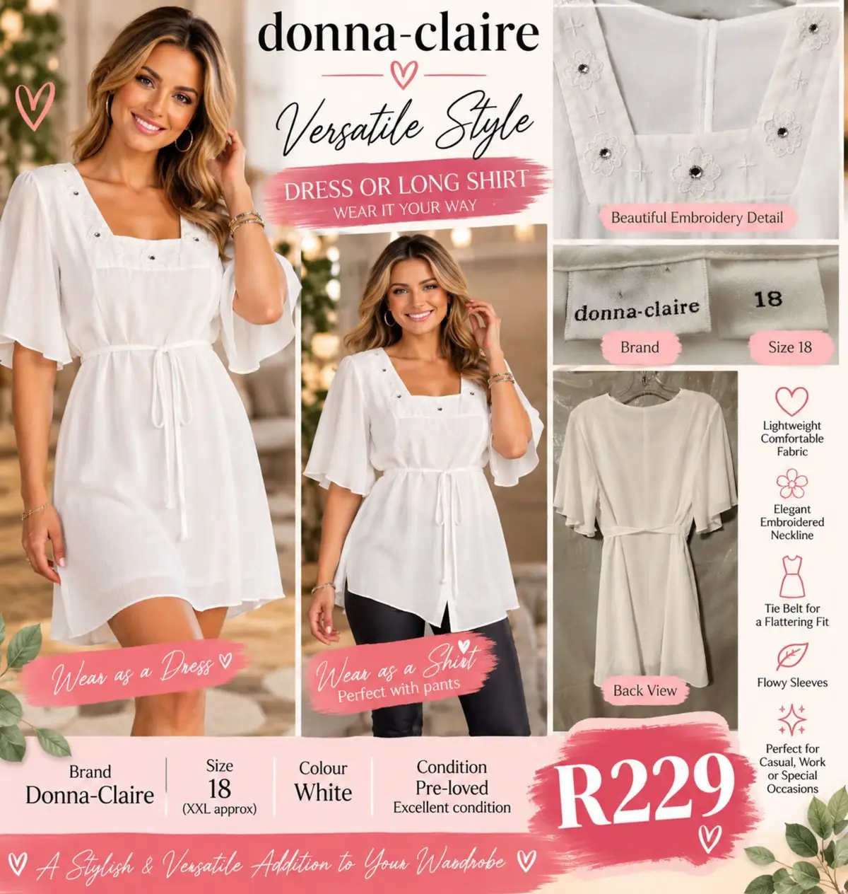 Donna-Claire White Embroidered Longline Tunic Dress Size 18