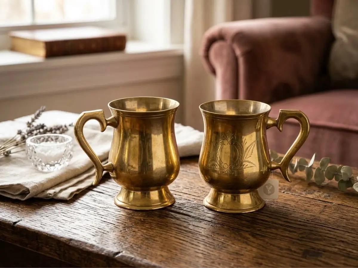 Vintage Engraved Solid Brass Mugs Tankards Set of 2