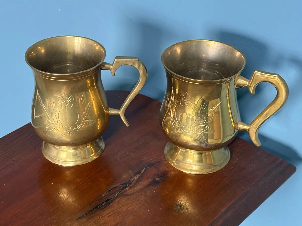 Vintage Engraved Solid Brass Mugs Tankards Set of 2