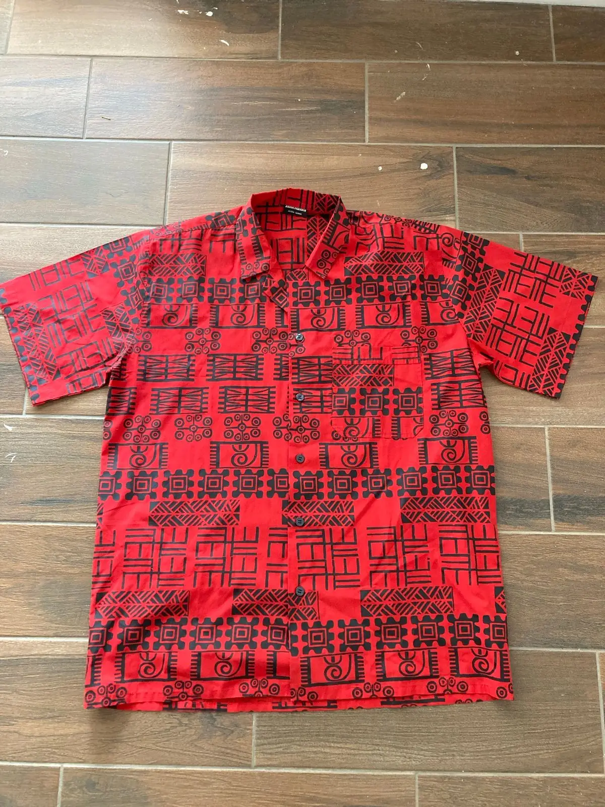 Red And Black Tribal Print Short Sleeve Button Up Shirt