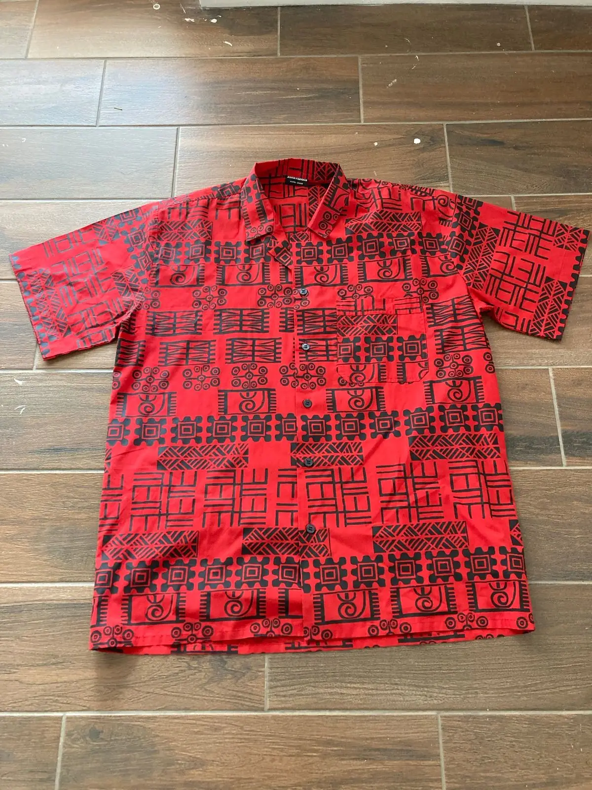 Red And Black Tribal Print Short Sleeve Button Up Shirt