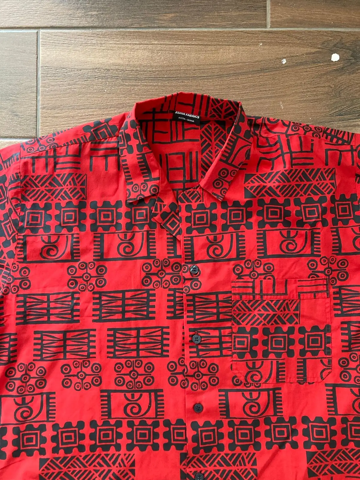 Red And Black Tribal Print Short Sleeve Button Up Shirt
