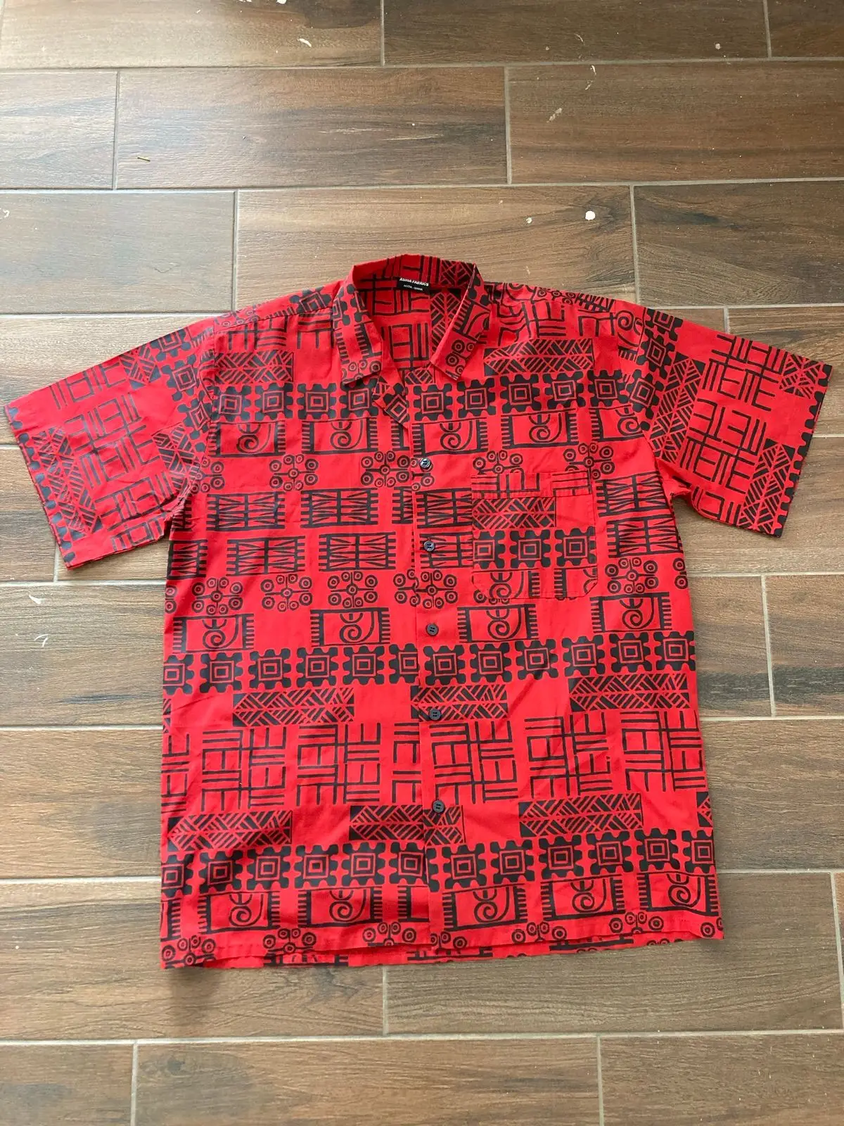 Red And Black Tribal Print Short Sleeve Button Up Shirt