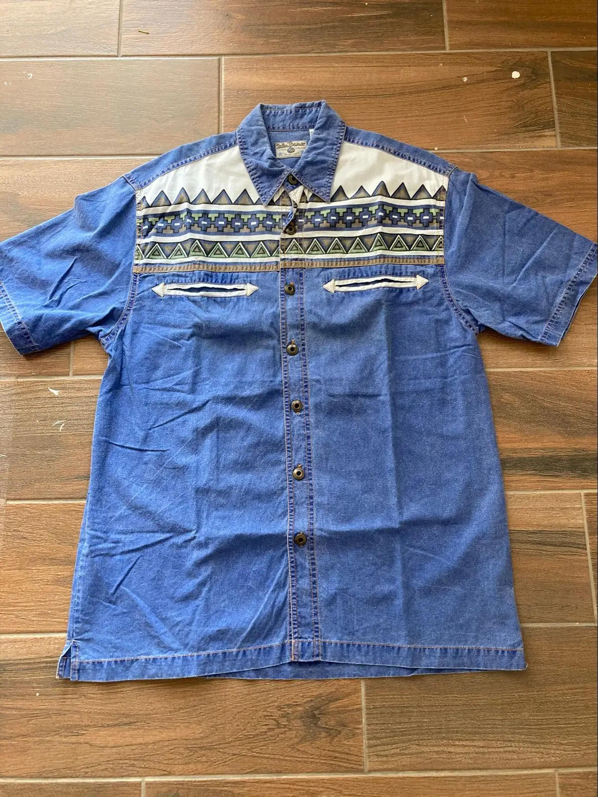 Vintage Tribal Print Denim Short Sleeve Button Up Shirt