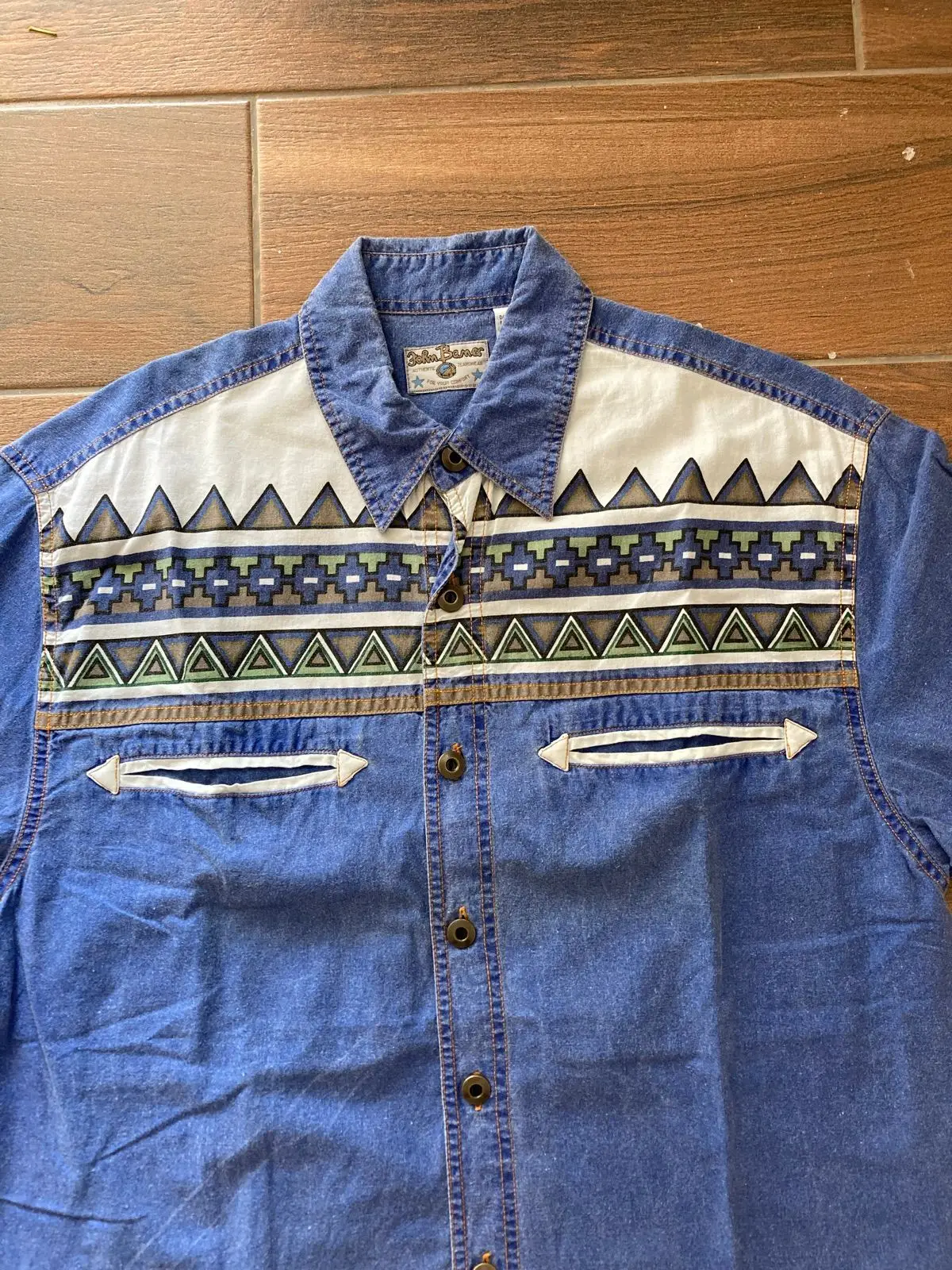 Vintage Tribal Print Denim Short Sleeve Button Up Shirt