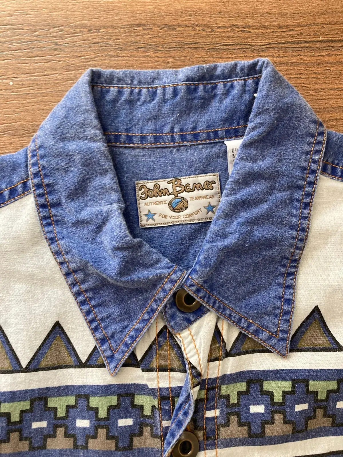 Vintage Tribal Print Denim Short Sleeve Button Up Shirt
