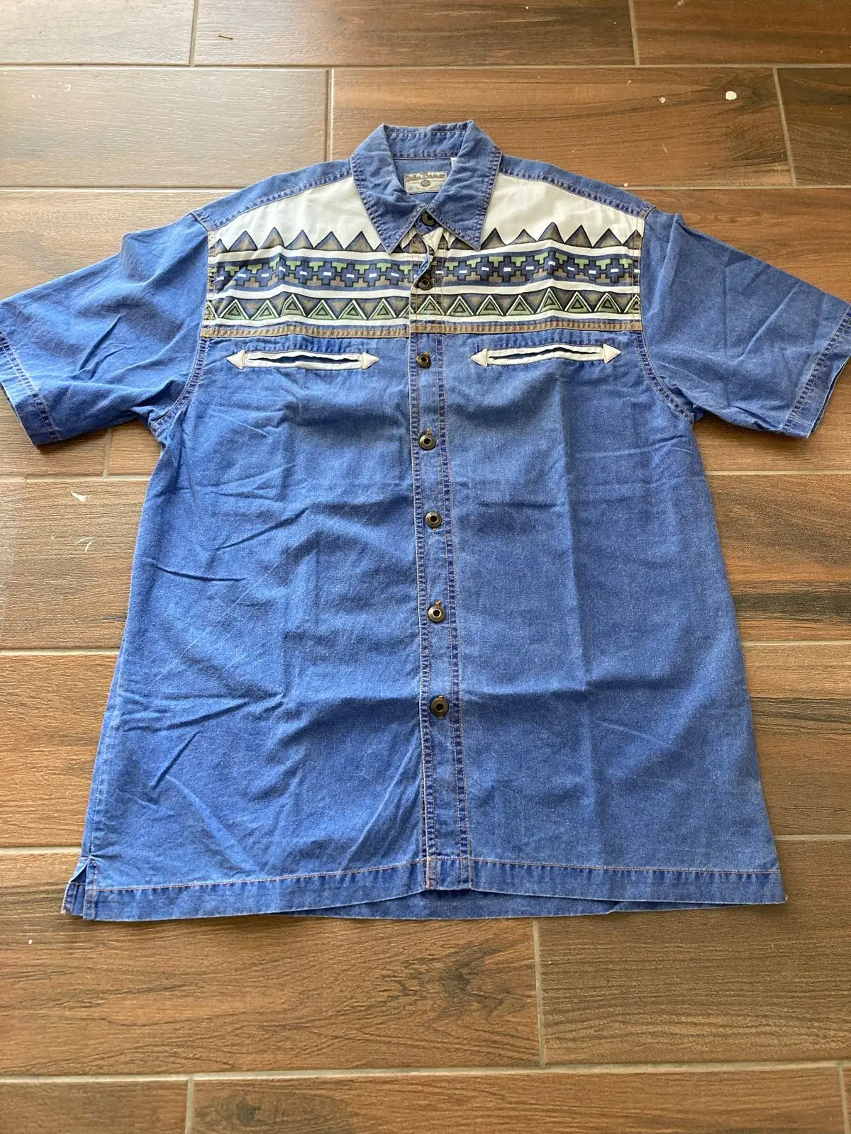 Vintage Tribal Print Denim Short Sleeve Button Up Shirt