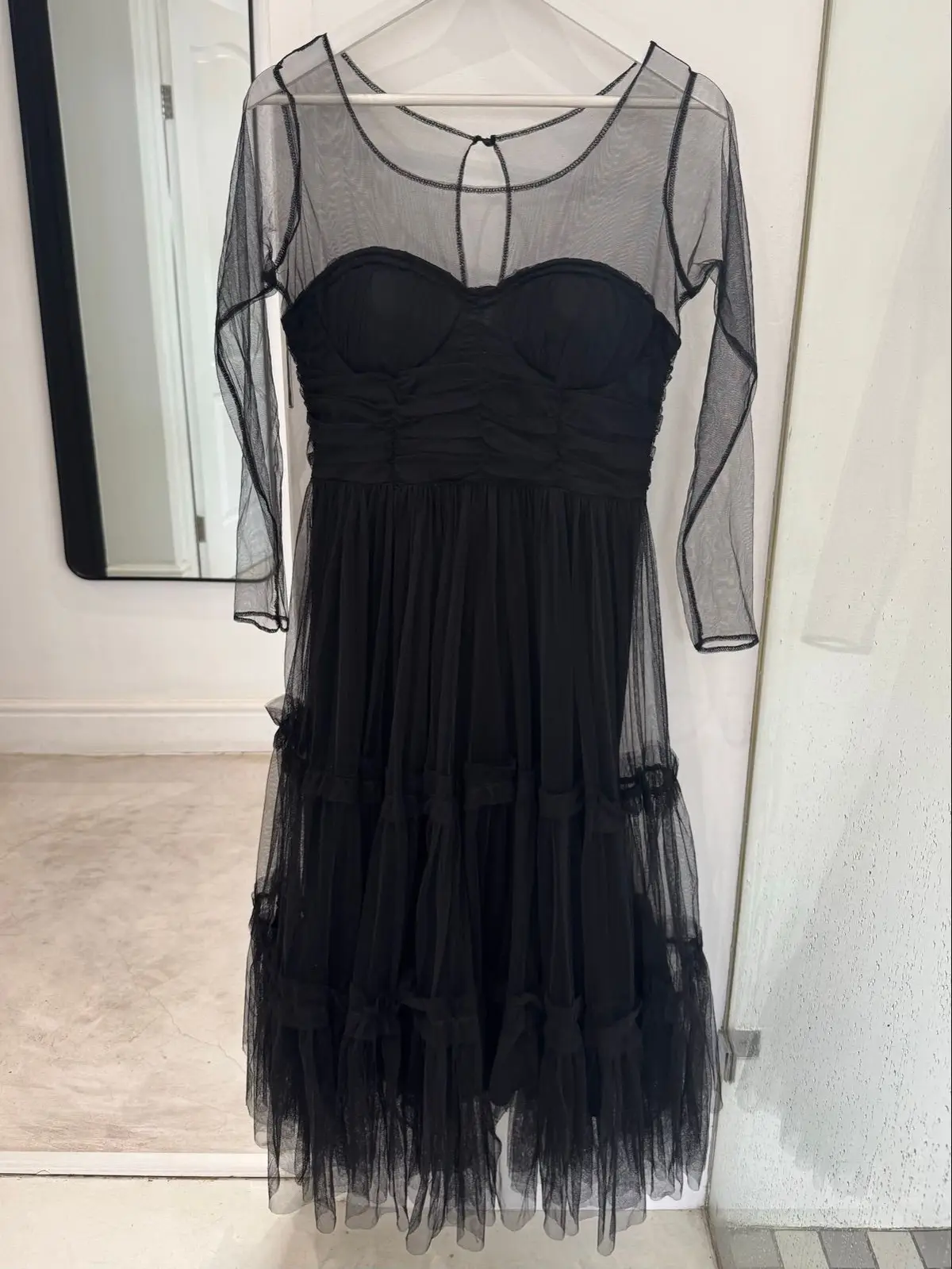 Zoët Black Tulle Midi Dress Sheer Sleeves Ruched Bustier