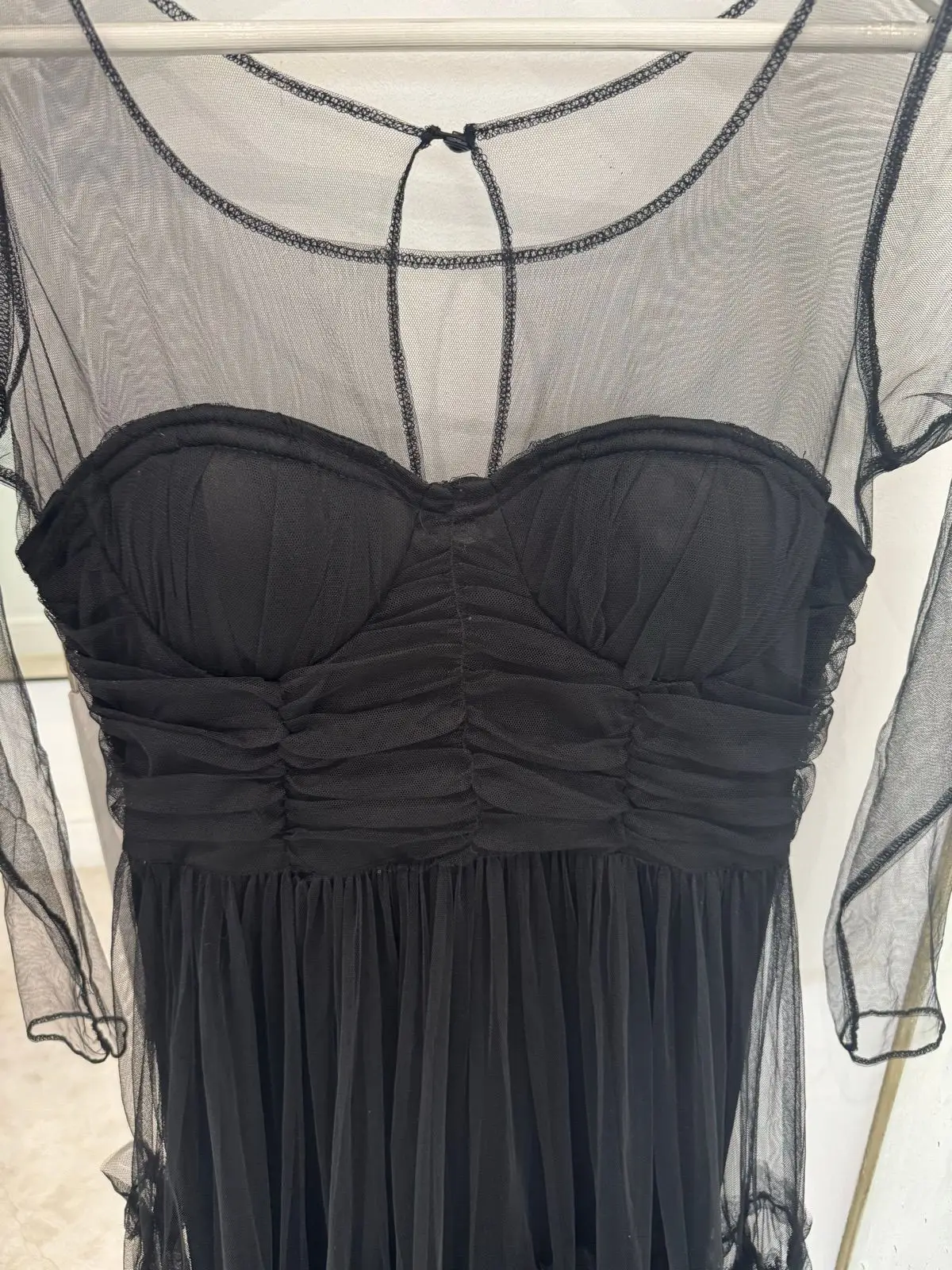 Zoët Black Tulle Midi Dress Sheer Sleeves Ruched Bustier