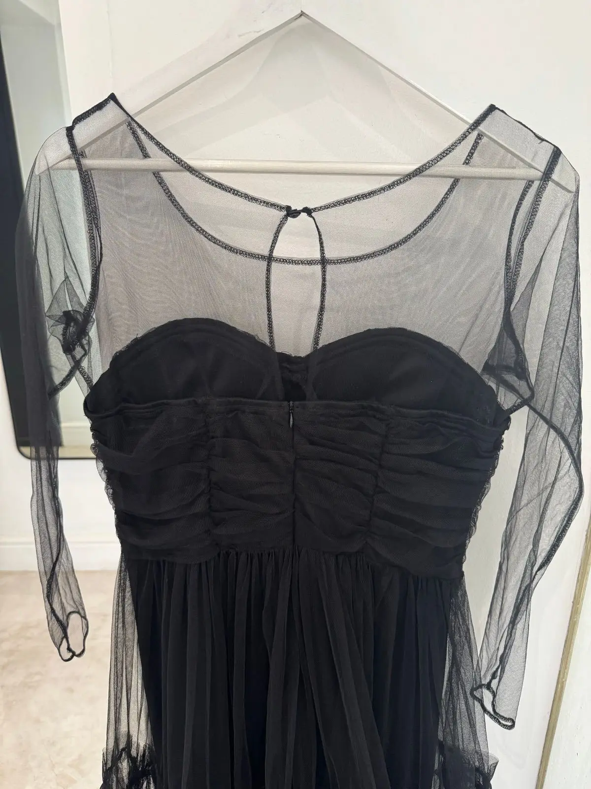 Zoët Black Tulle Midi Dress Sheer Sleeves Ruched Bustier