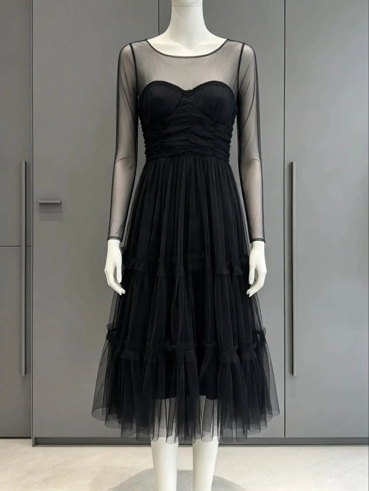 Zoët Black Tulle Midi Dress Sheer Sleeves Ruched Bustier