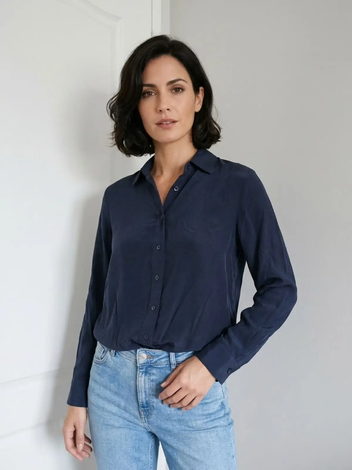 Trenery Navy Silk Long Sleeve Shirt Size 10