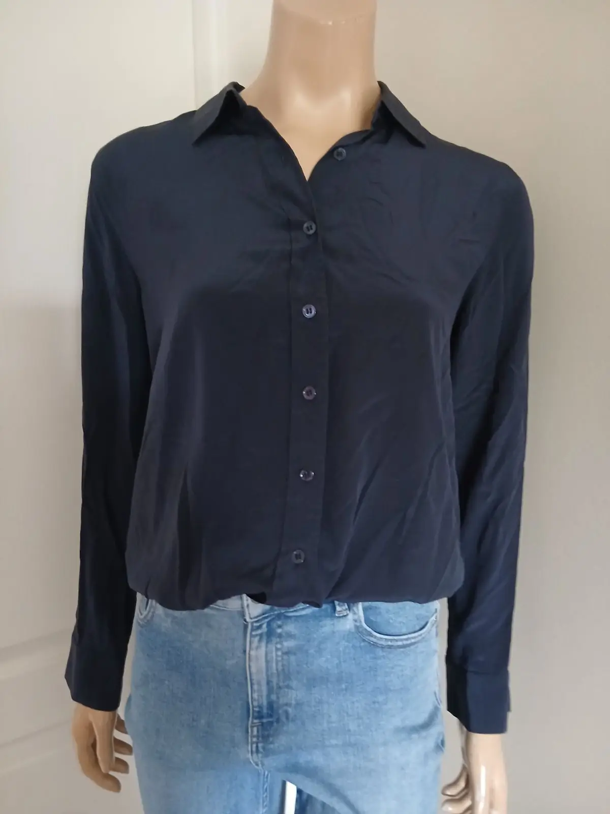 Trenery Navy Silk Long Sleeve Shirt Size 10