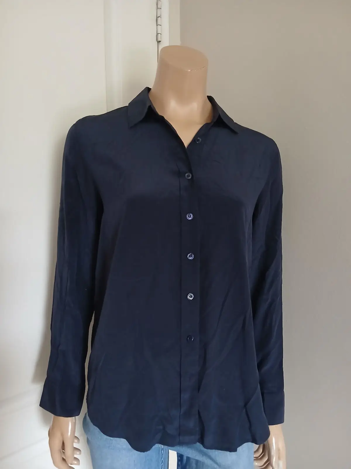 Trenery Navy Silk Long Sleeve Shirt Size 10