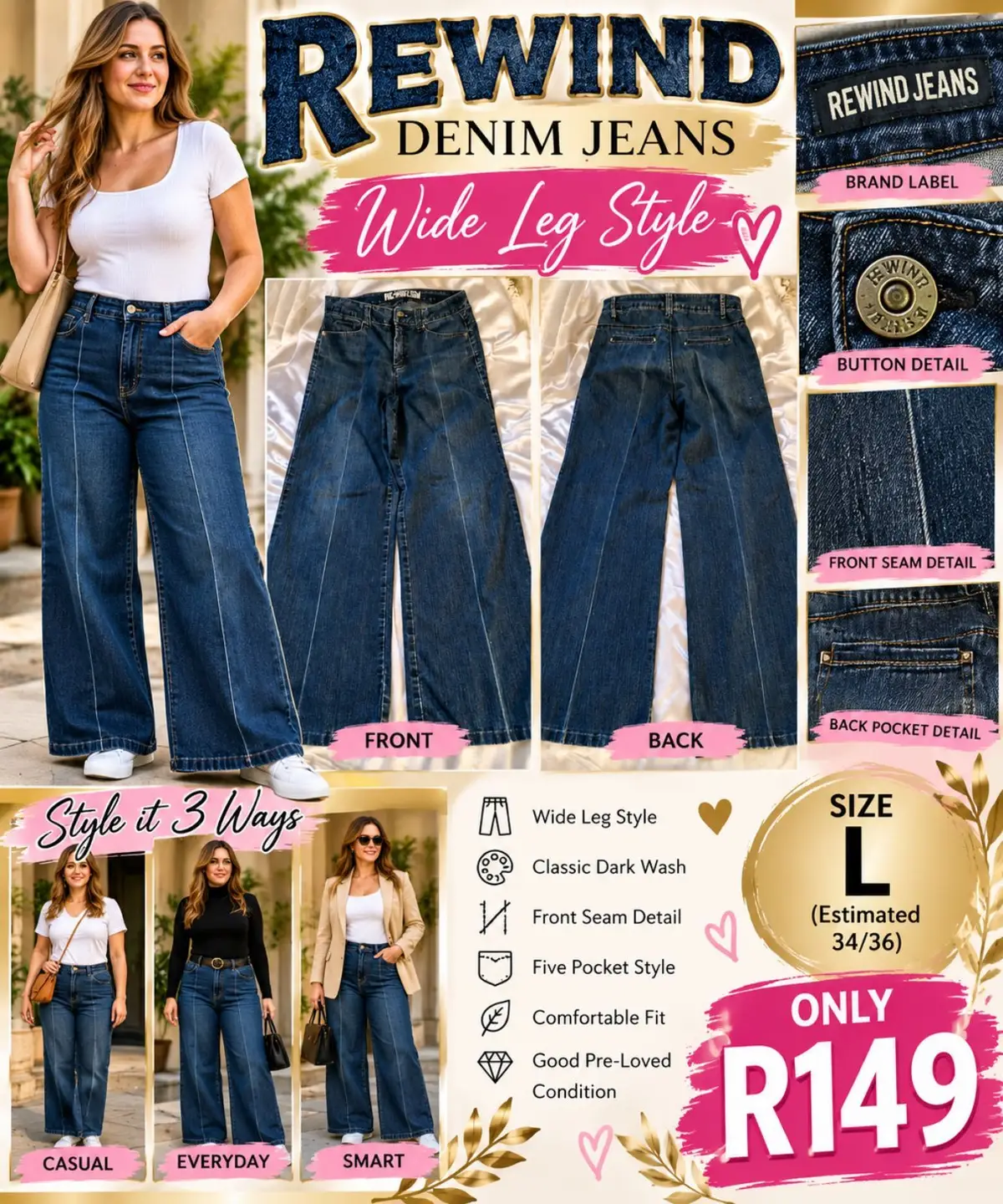 REWIND Dark Blue Wide-Leg Jeans