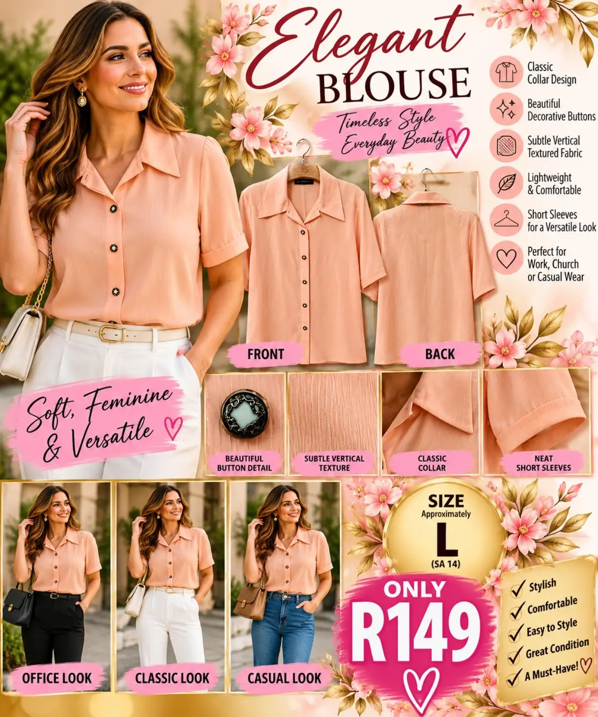Elegant Peach Pink Short-Sleeve Button-Up Blouse Size L