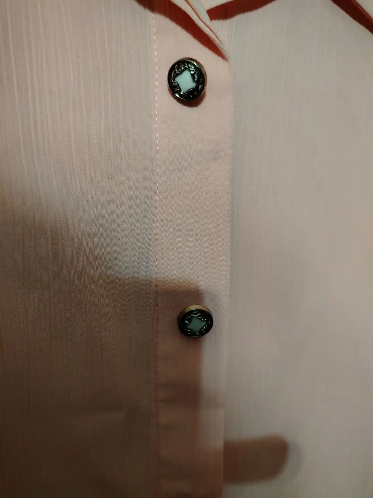 Elegant Peach Pink Short-Sleeve Button-Up Blouse Size L