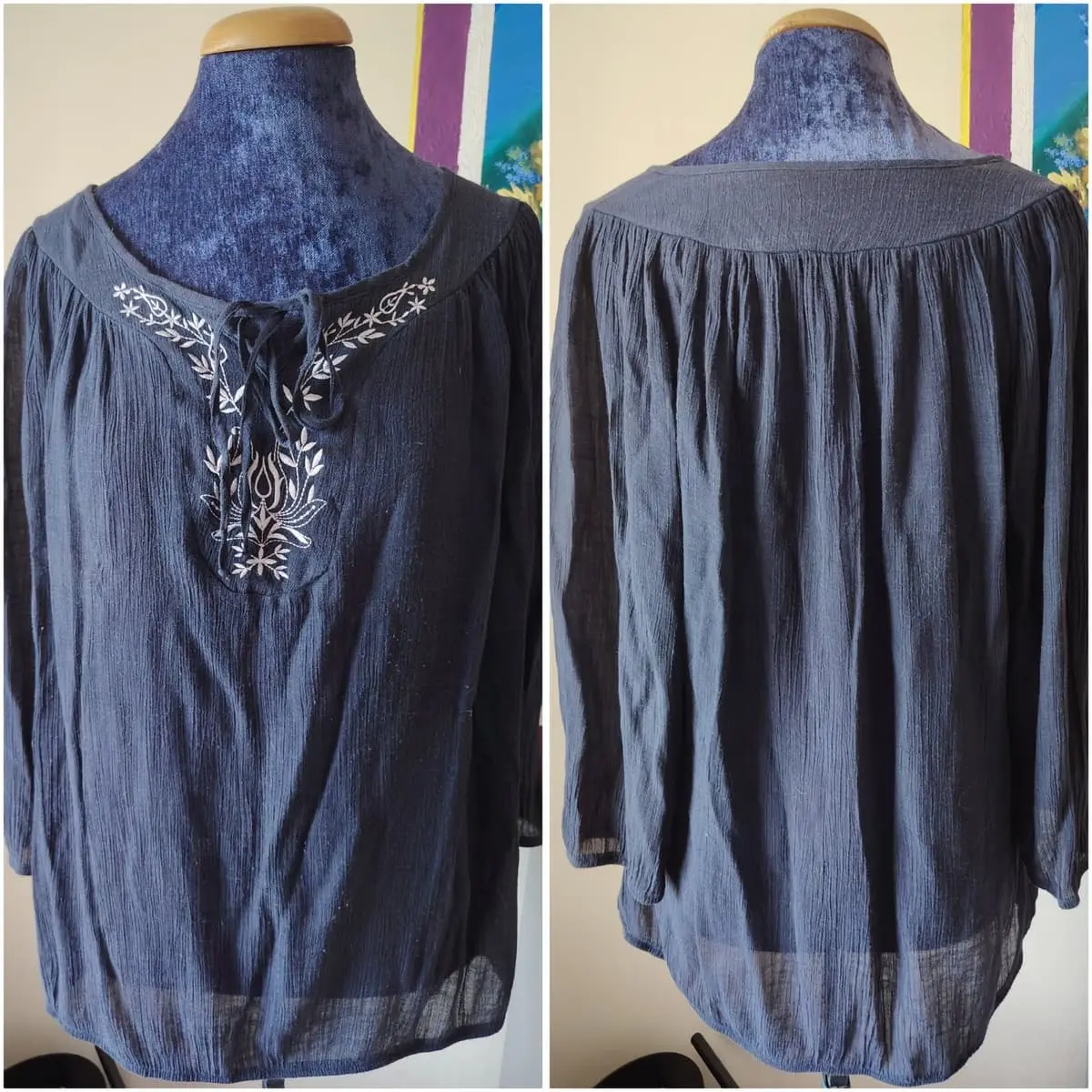 & Other Stories Navy Blue Embroidered White Floral Design Blouse 3/4 Sleeves