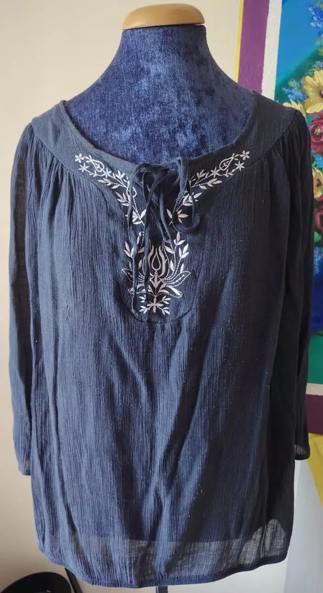 Navy Blue Embroidered White Floral Design Blouse 3/4 Sleeves