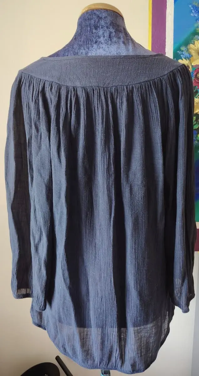 Navy Blue Embroidered White Floral Design Blouse 3/4 Sleeves