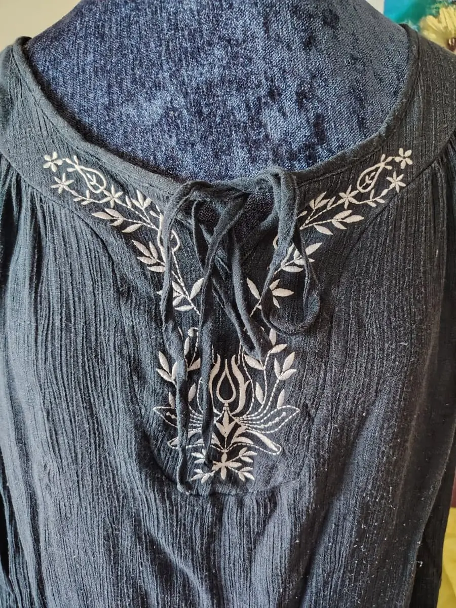 Navy Blue Embroidered White Floral Design Blouse 3/4 Sleeves