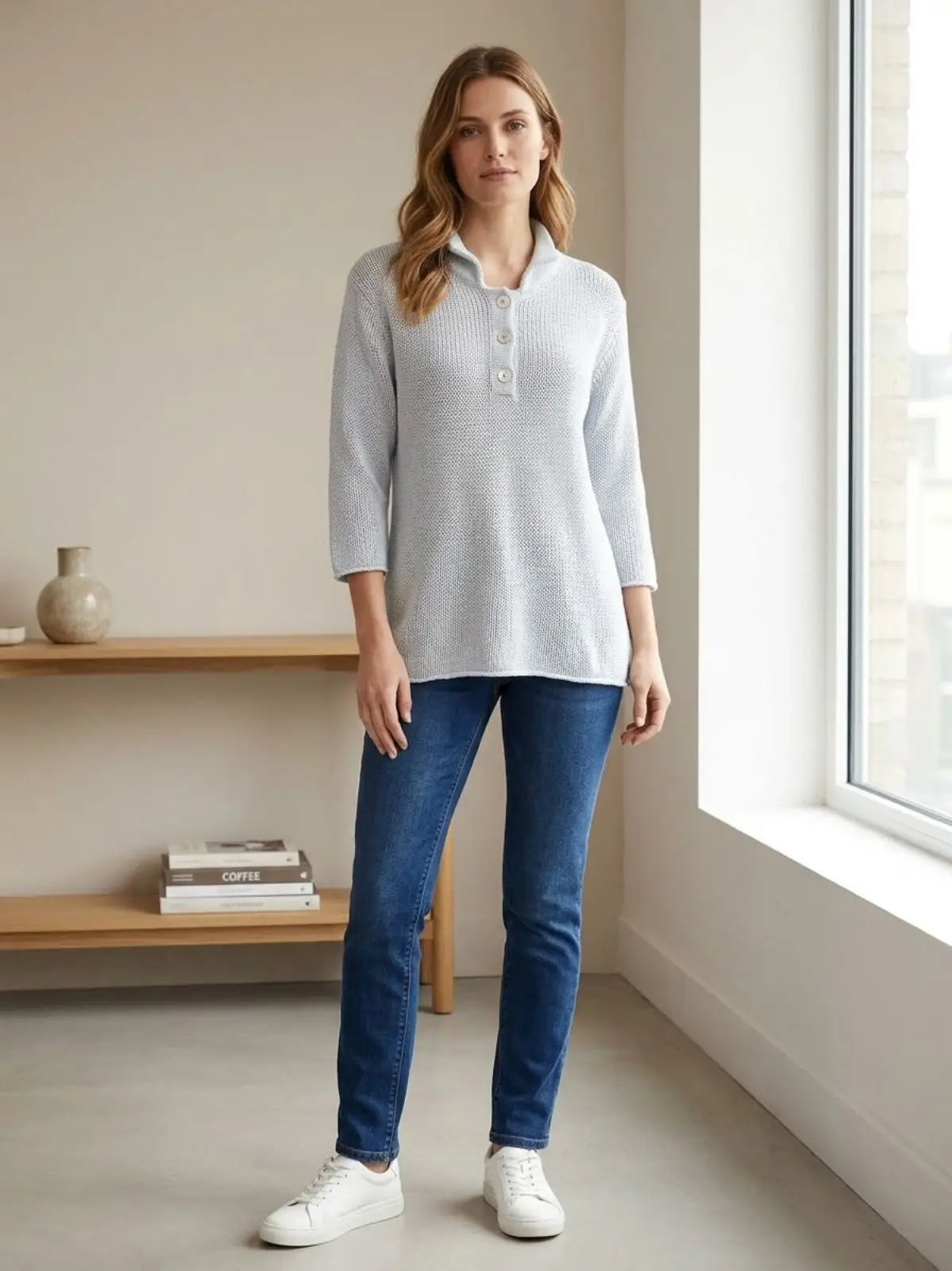 Light Blue Button-Front Knit Top