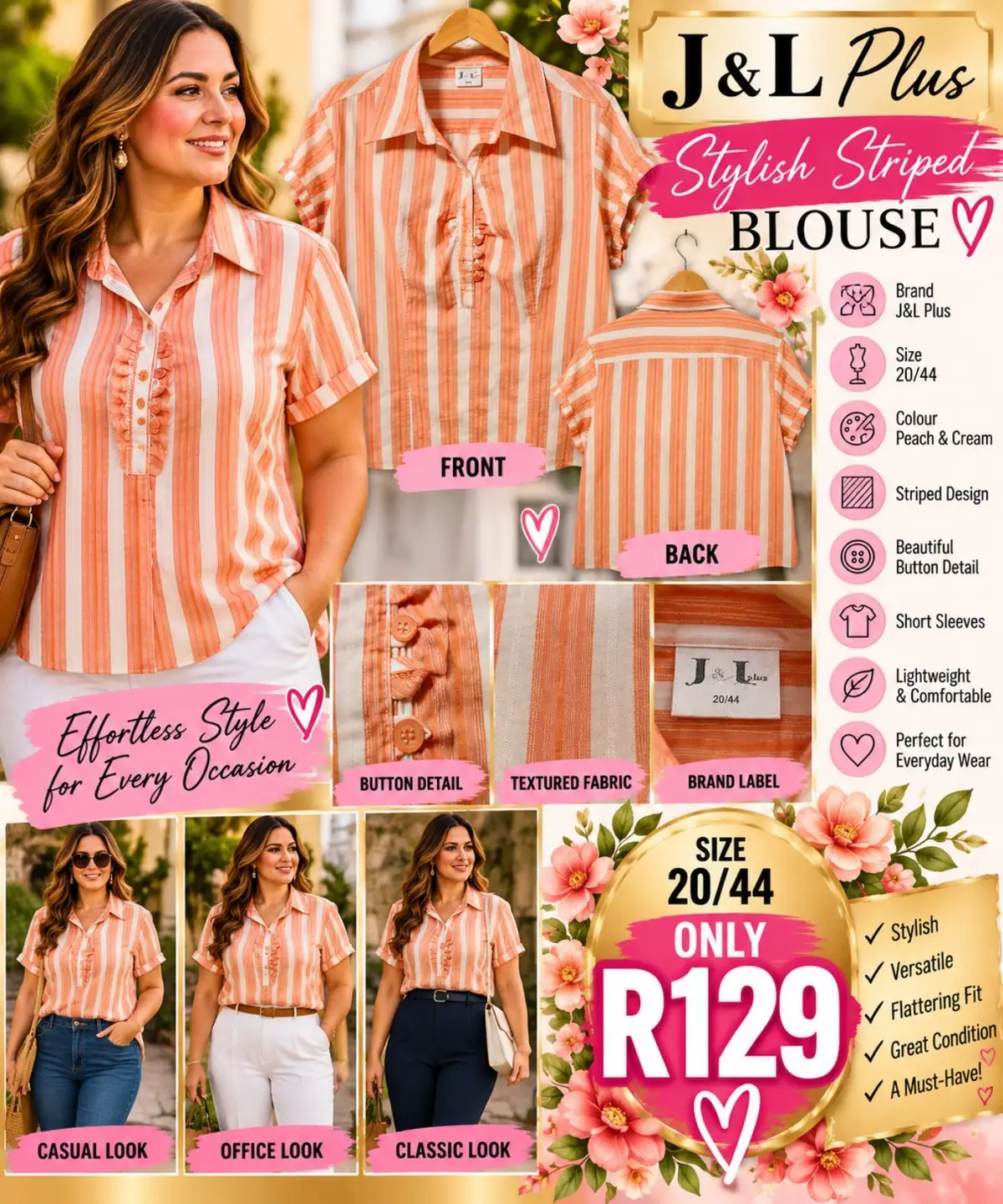 J&L Plus Striped Blouse Peach Cream Size 20/44