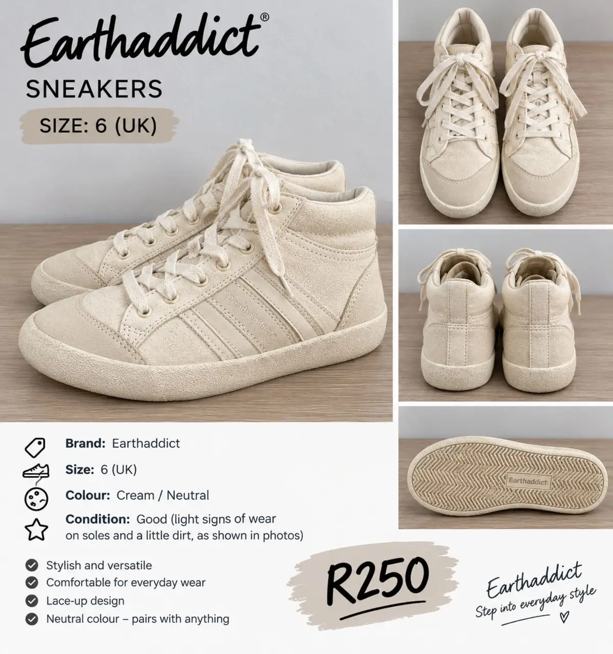 Earthaddict Cream High-Top Sneakers Size 6