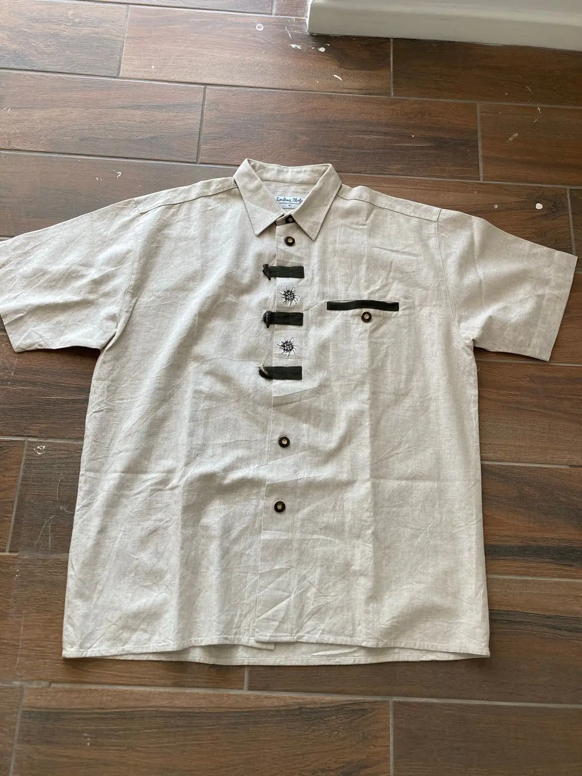 Landhaus Mode Beige Short Sleeve Shirt with Embroidery Size XL