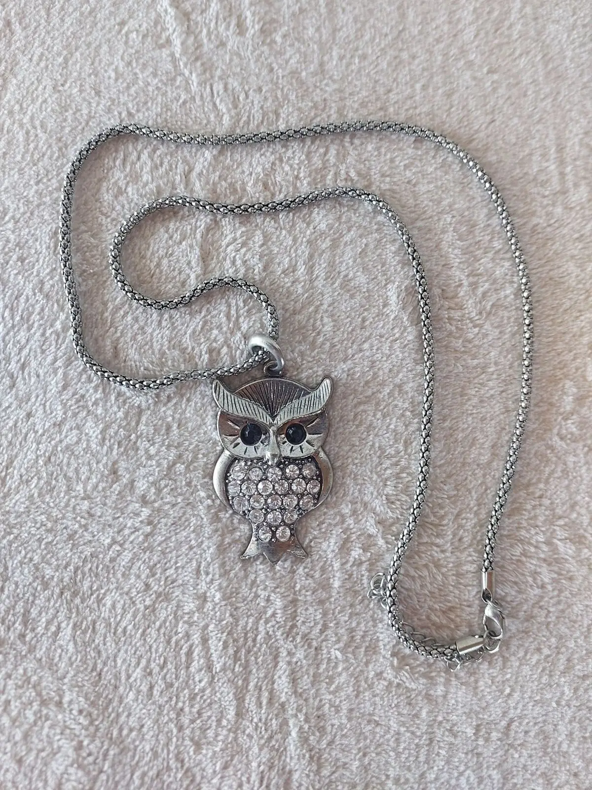 Silver Tone Rhinestone Owl Pendant Necklace