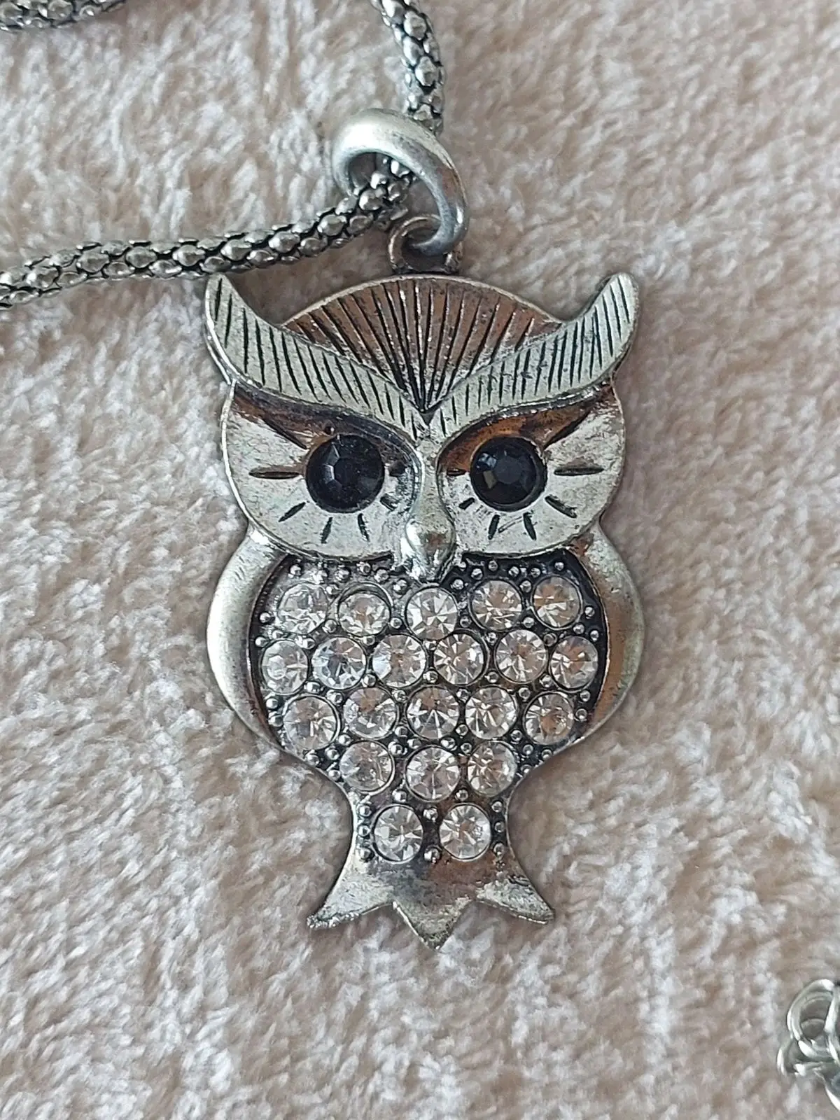 Silver Tone Rhinestone Owl Pendant Necklace