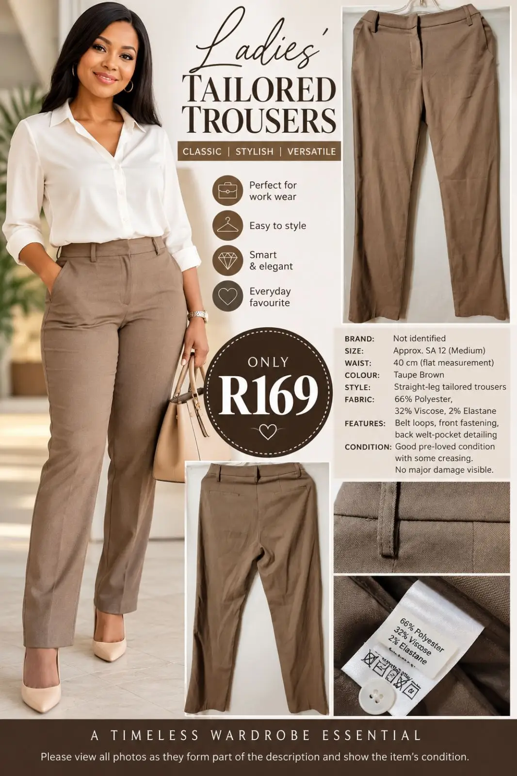 Ladies Taupe Brown Tailored Trousers