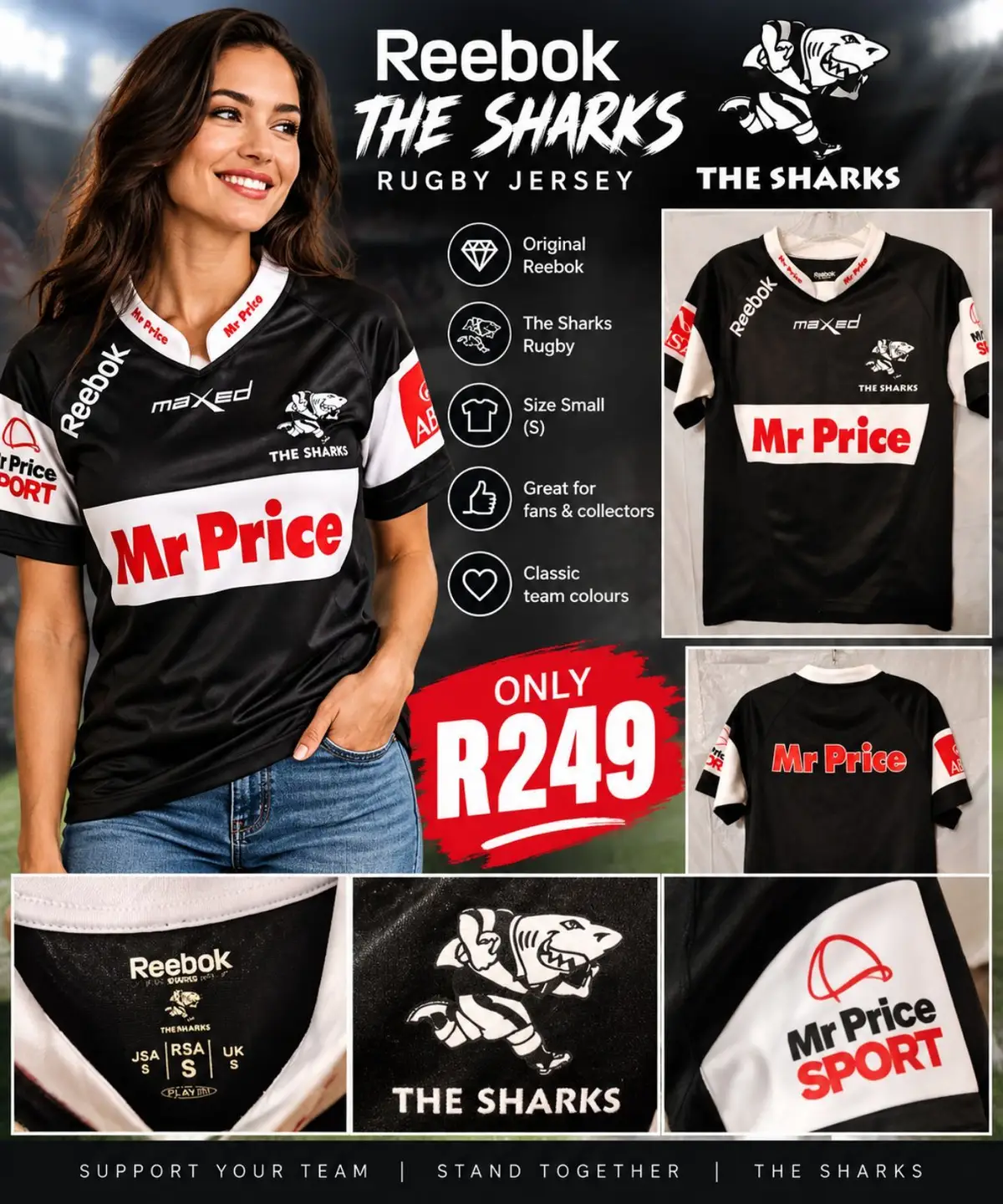 Nike Reebok The Sharks Rugby Jersey Black Size S