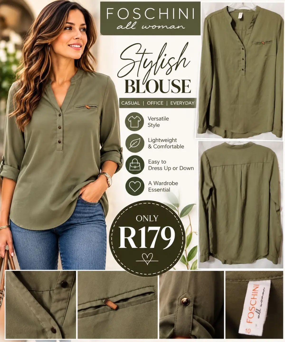 Foschini All Woman Olive Green Long-Sleeve Blouse Size 10
