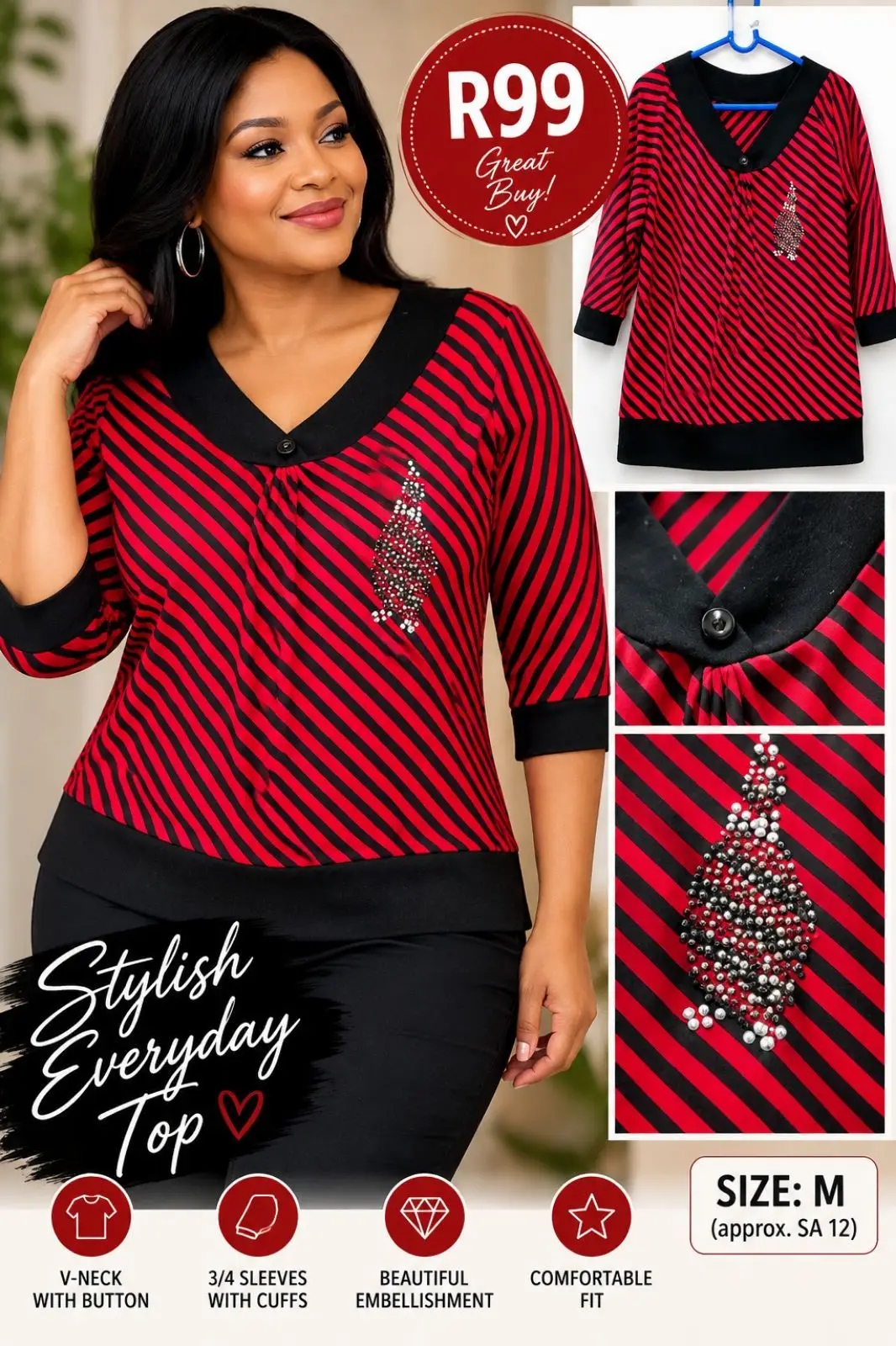 Red and Black Striped V-Neck Top