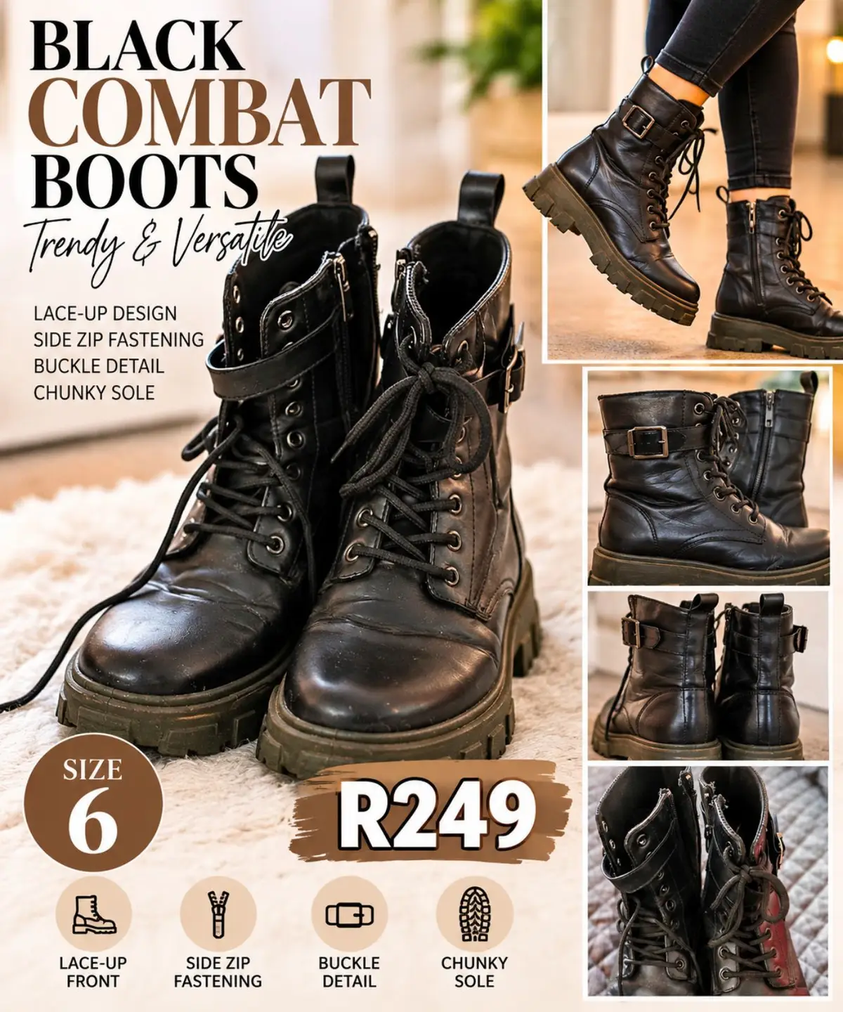 Black Chunky Lace-Up Combat Boots Size 6