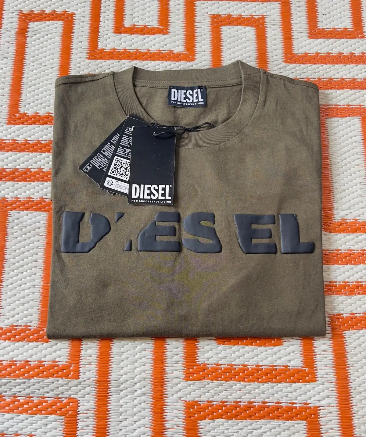 Diesel Olive Green T-Shirt with Raised Logo - Size L