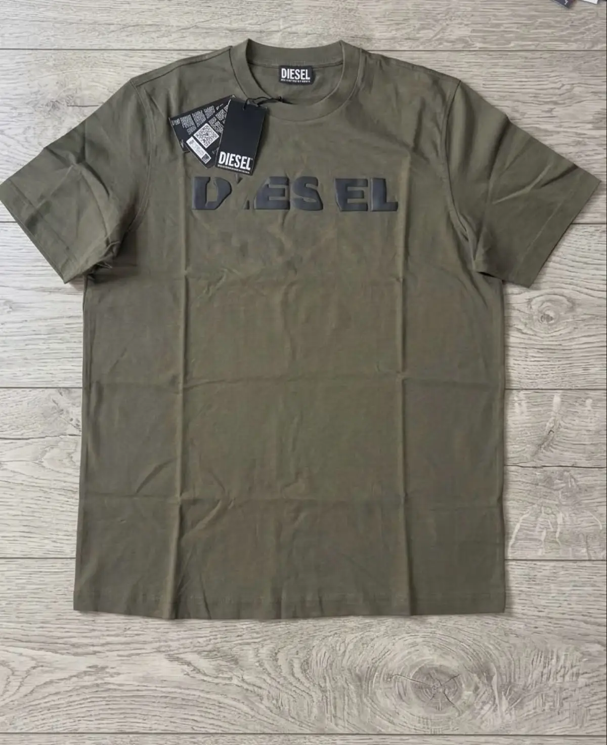 Diesel Olive Green T-Shirt with Raised Logo - Size L