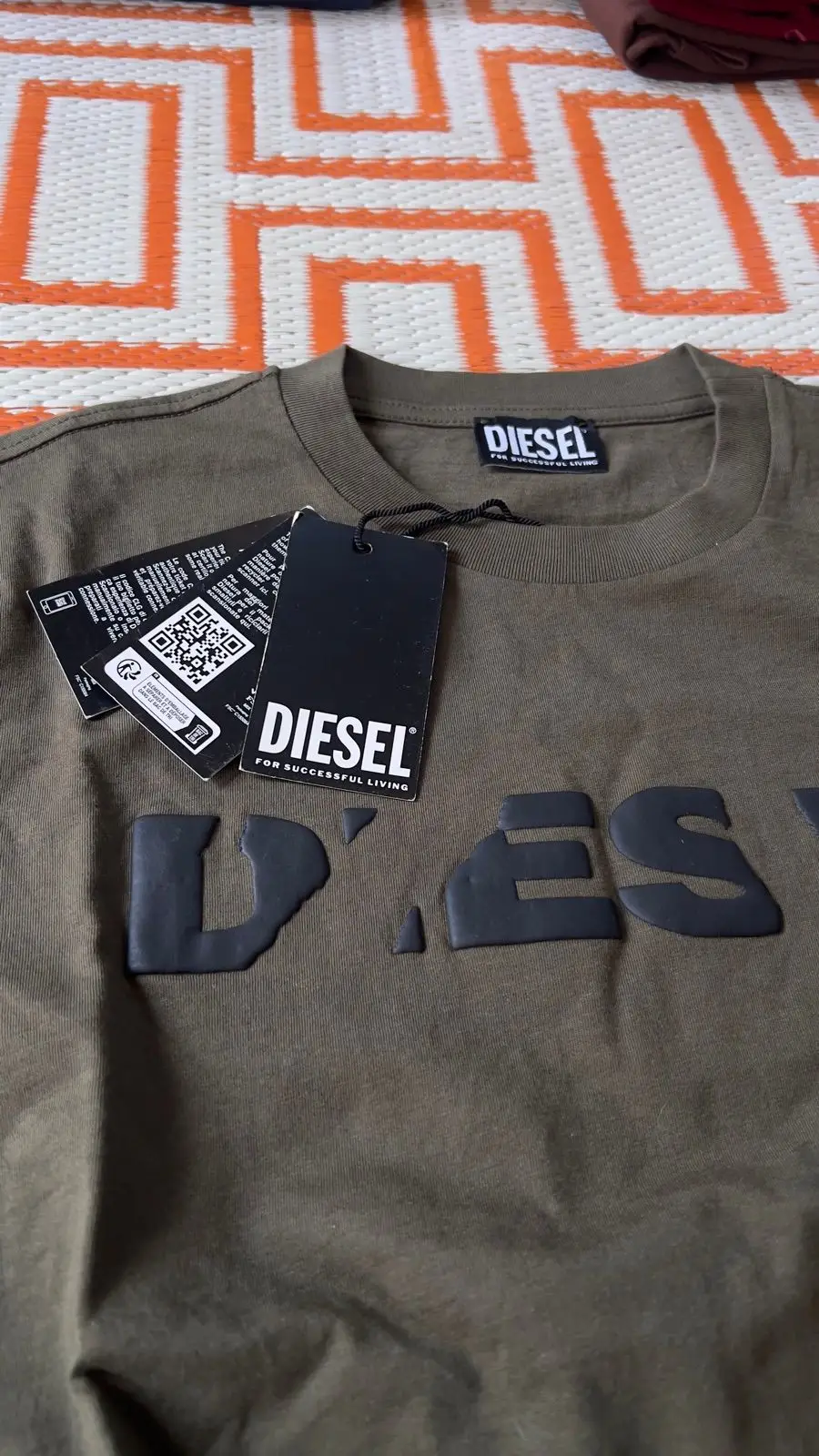 Diesel Olive Green T-Shirt with Raised Logo - Size L