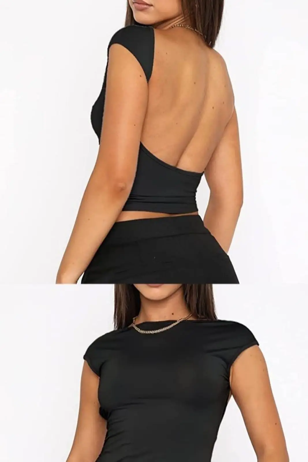 Shein Black Open-Back Short Sleeve Top