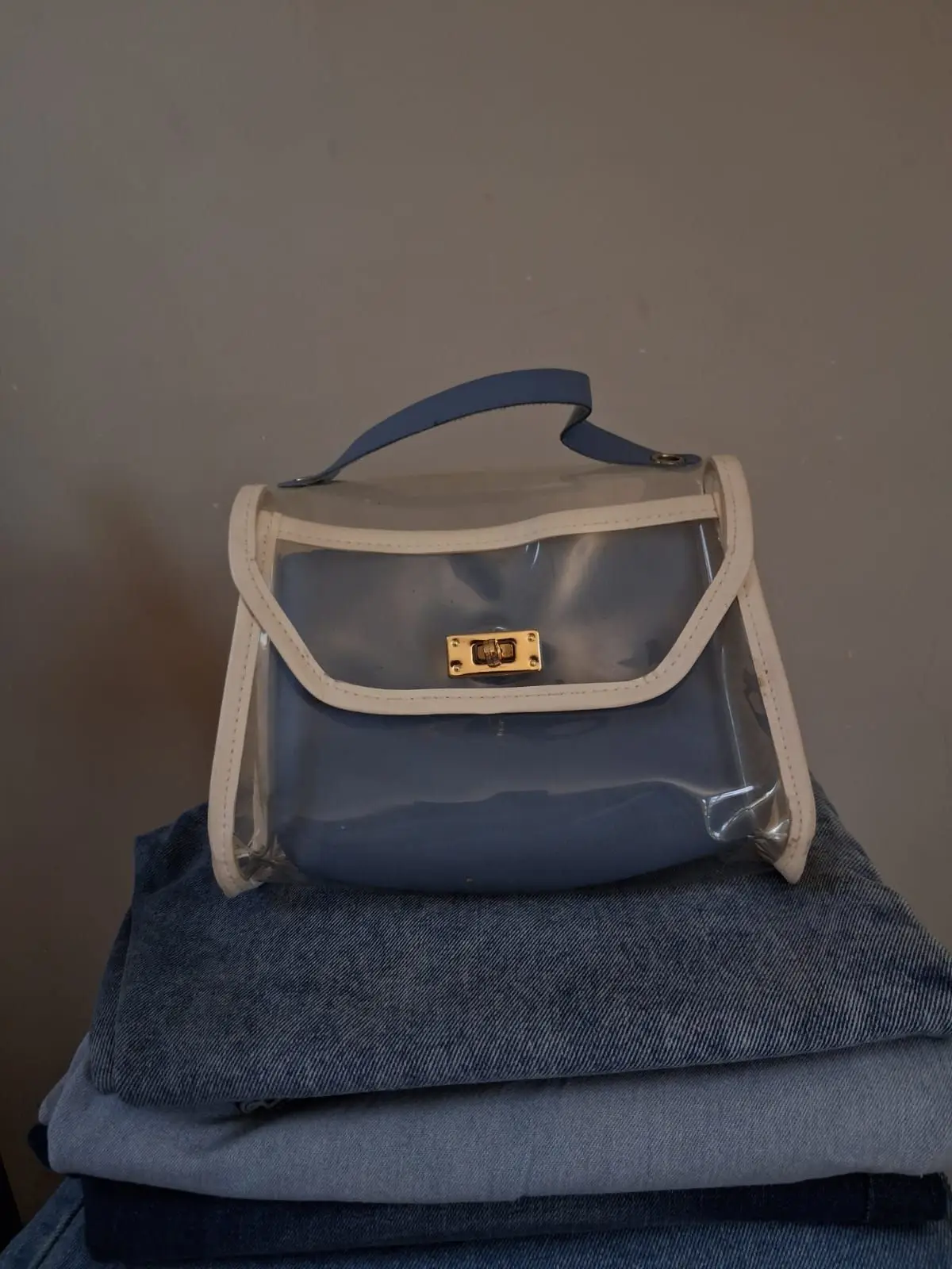 Clear and Blue Handbag with White Trim