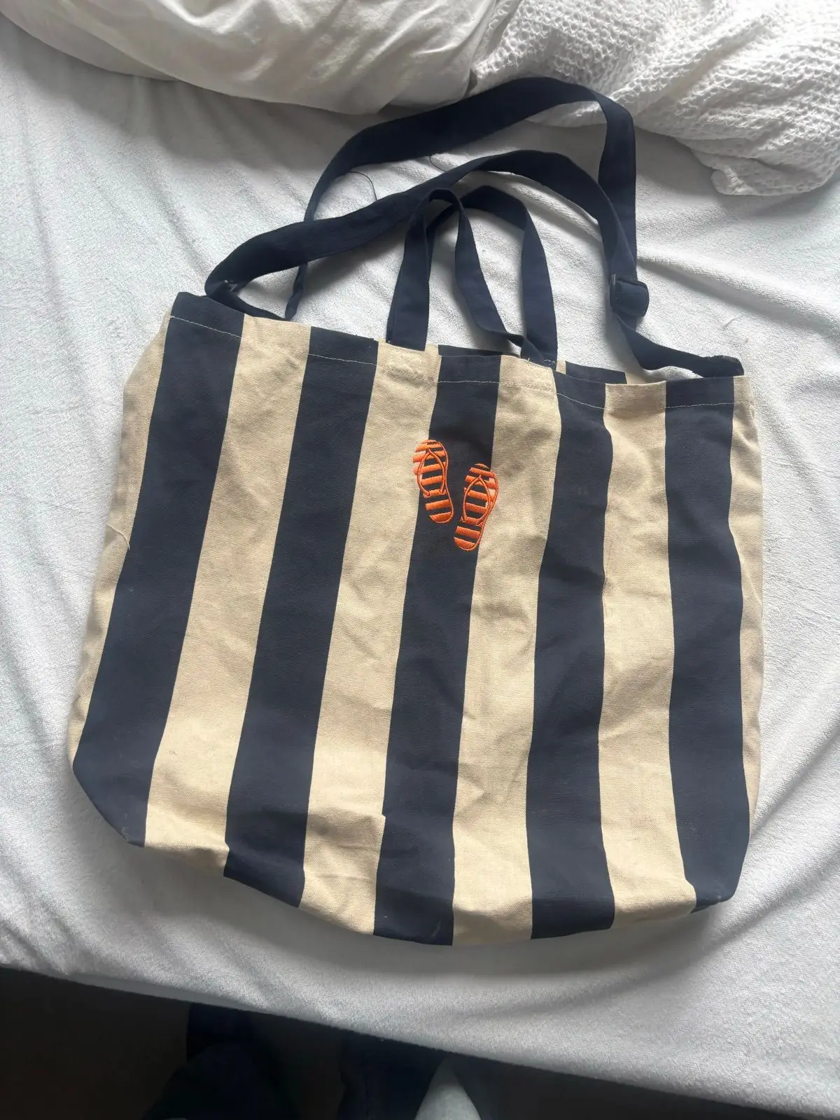 Striped Beach Tote Bag with Flip-Flop Embroidery