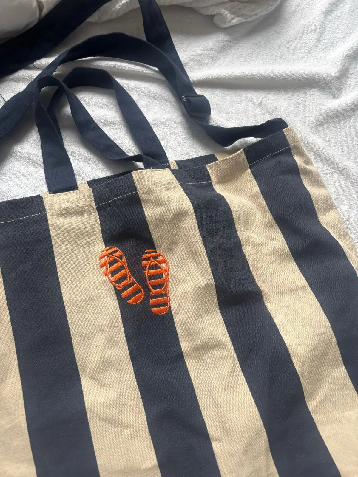 Striped Beach Tote Bag with Flip-Flop Embroidery