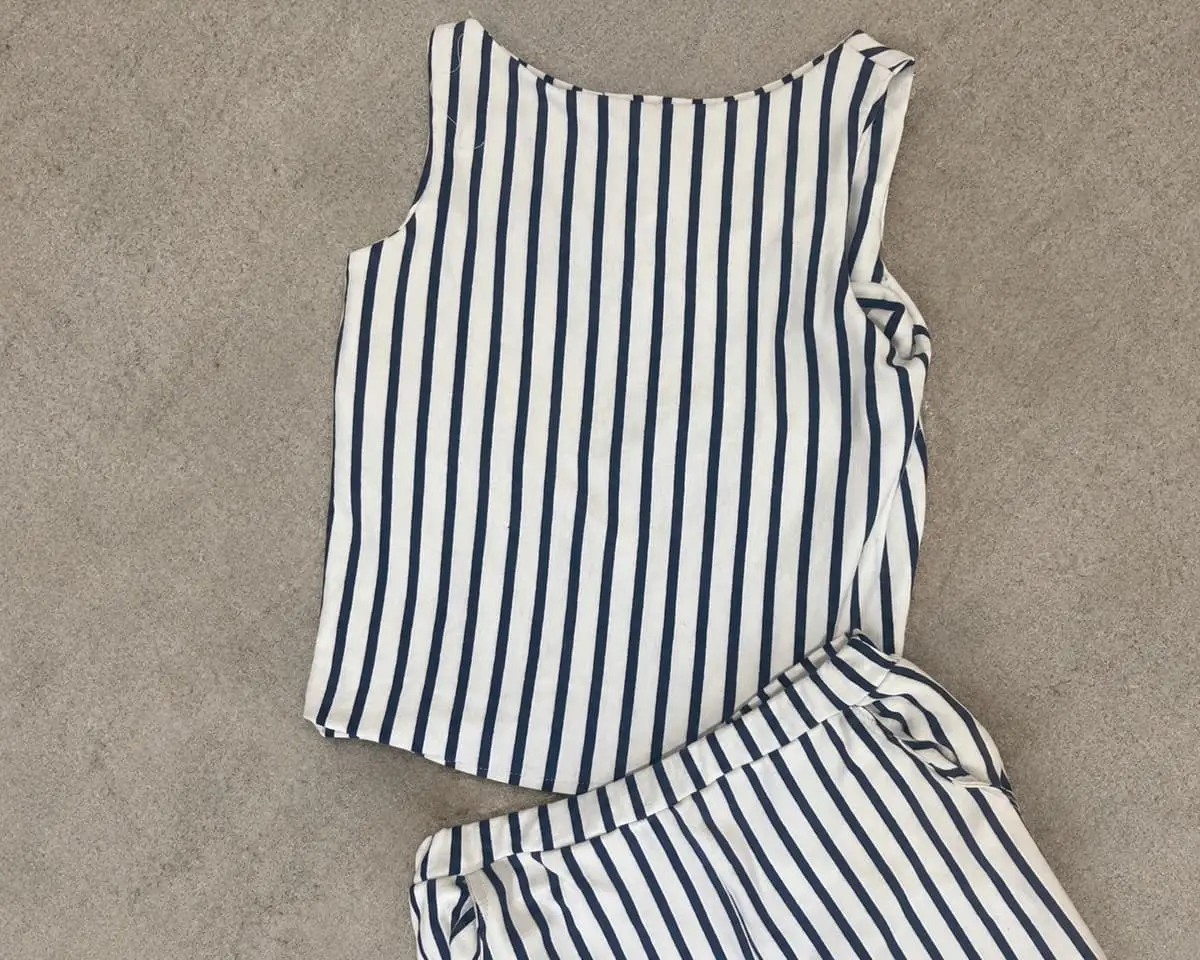 Handmade Two-Piece Navy & Cream Stripe Matching Set (Size 34 / M)