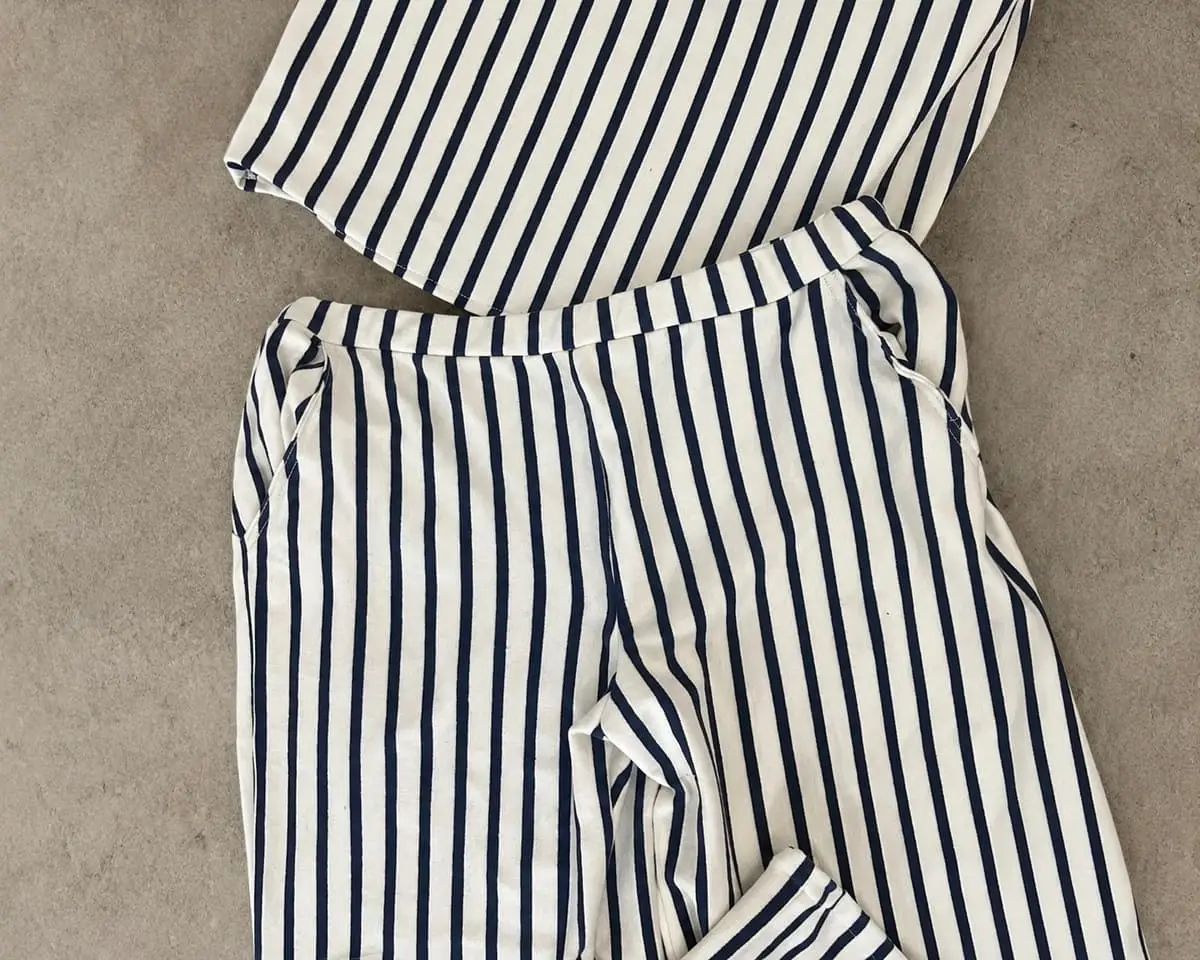 Handmade Two-Piece Navy & Cream Stripe Matching Set (Size 34 / M)