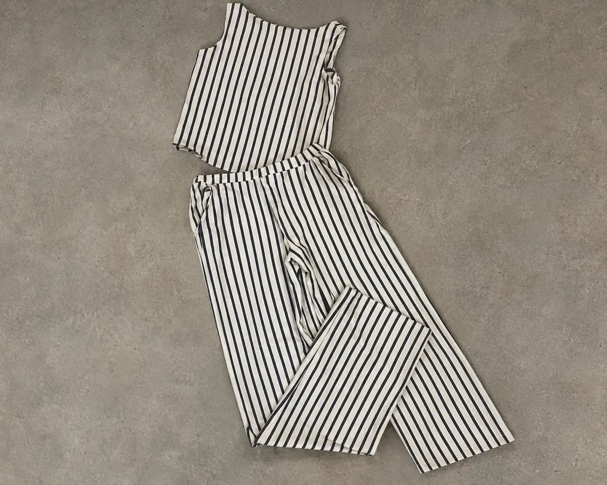 Handmade Two-Piece Navy & Cream Stripe Matching Set (Size 34 / M)