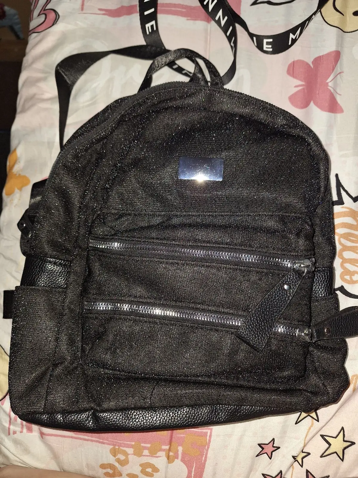 Black Glitter Backpack with Zipper Pockets