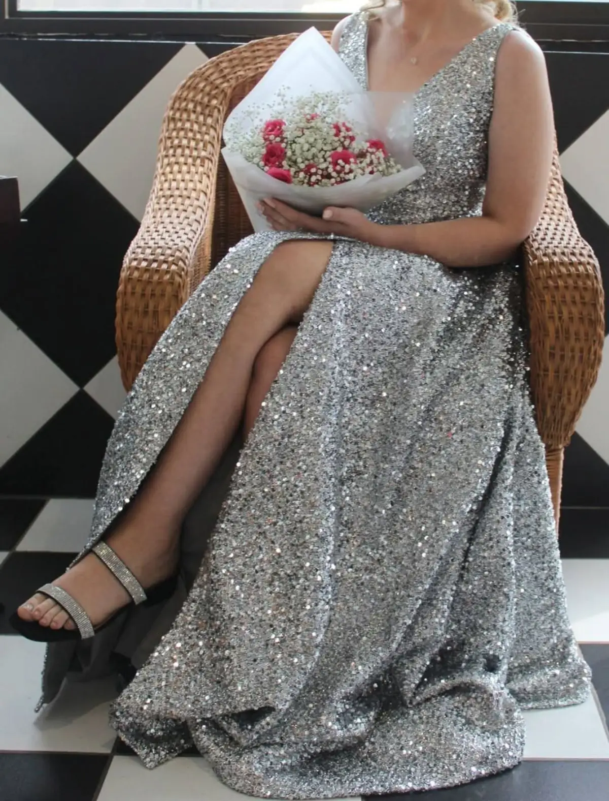 Silver Sequin Sleeveless Maxi Dress with Leg Slit