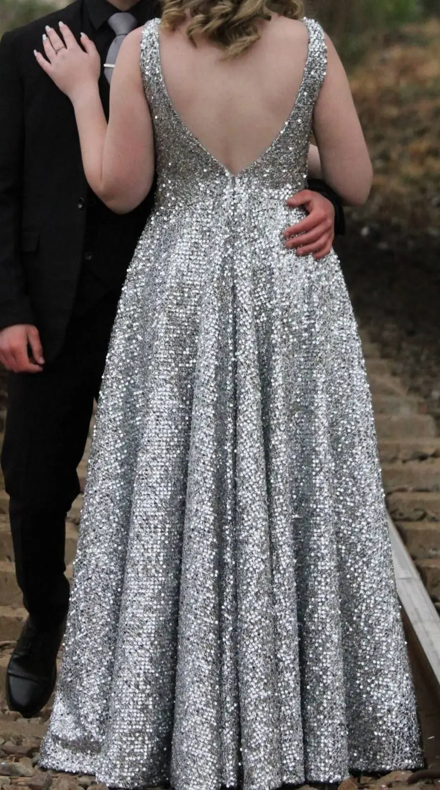 Silver Sequin Sleeveless Maxi Dress with Leg Slit