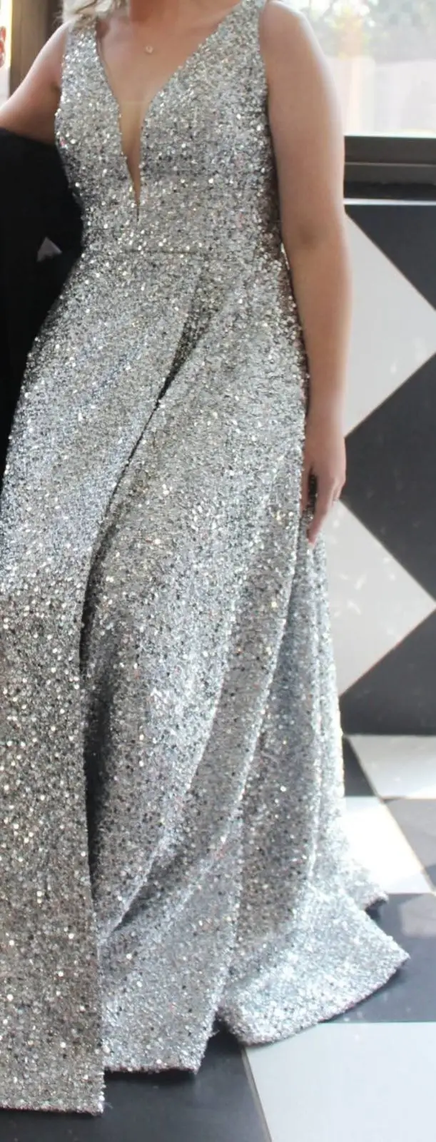 Silver Sequin Sleeveless Maxi Dress with Leg Slit